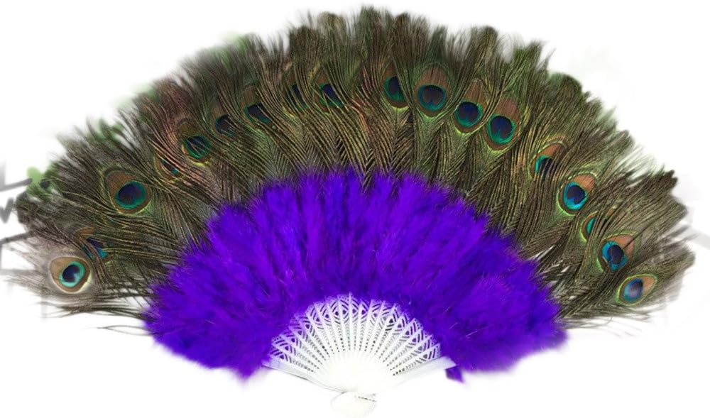 Lazzboy Peacock Feather Hand Folding Fans Showgirl Fancy Dance Elegant Plastic Costume Party Wedding Opera Decorations(Purple,37cm)