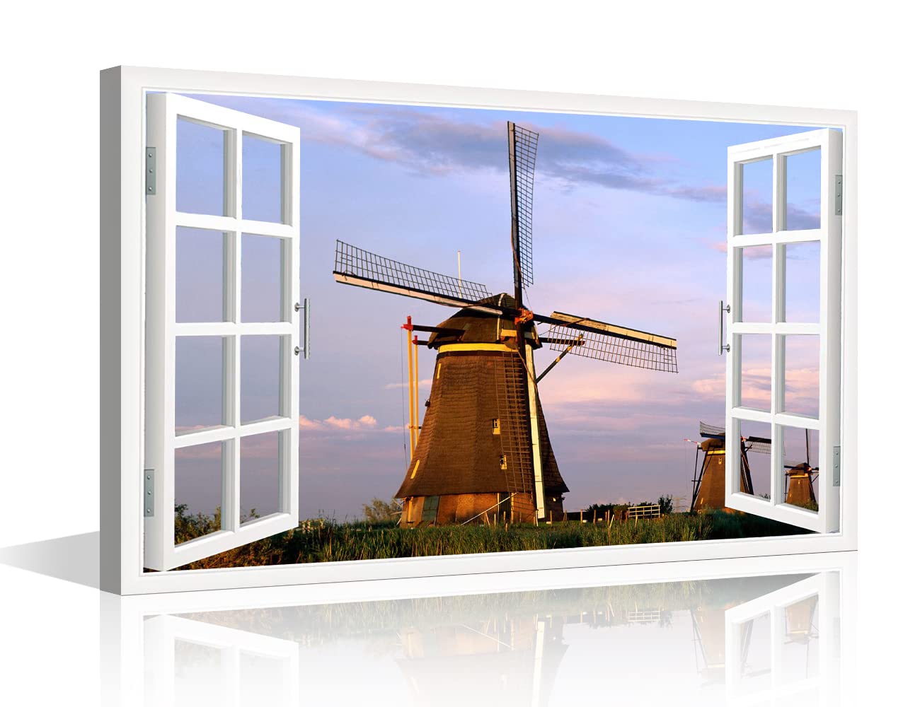 TISHIRON 3D Window View Dutch Windmills Canvas Art Landscape Nature Wall Art Gallery Wrapped Canvas Prints Decor Posters for Living Room Bedroom Prints Framed Ready to Hang - 12" W x 18" H