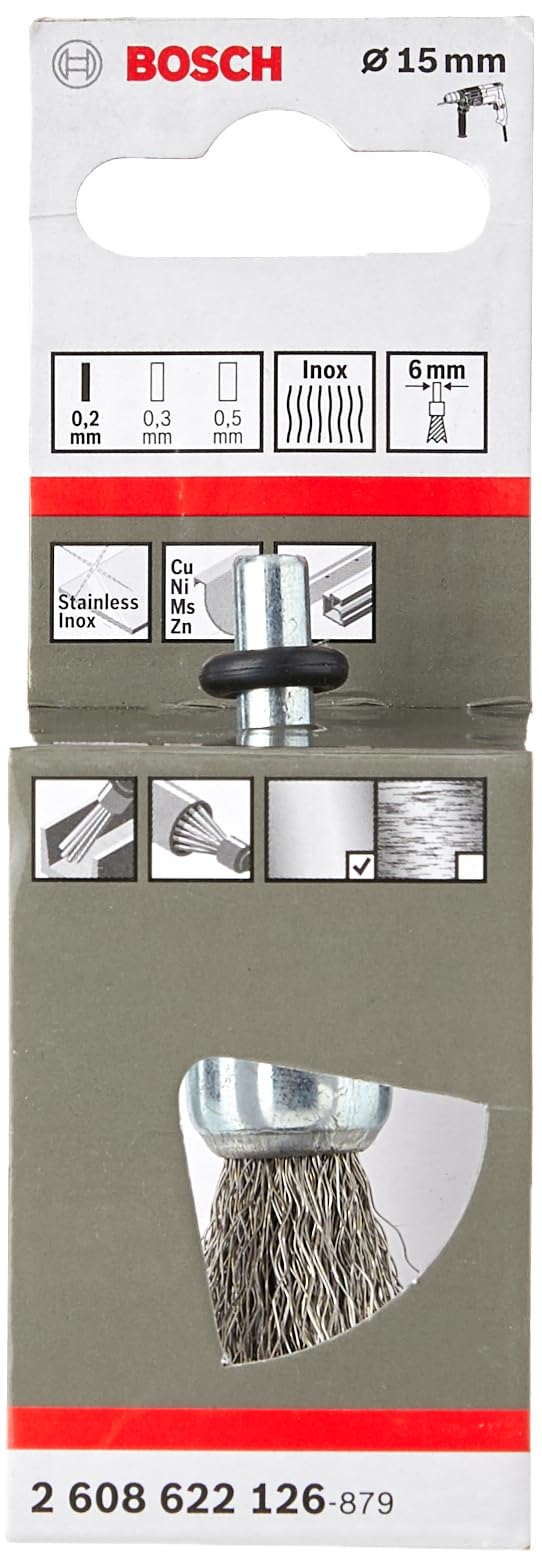 Bosch 1x PRO Stainless Steel Longlife End Brush, Crimped Wire for 6 mm Cylindrical Shank and Drill (Ø 15 mm, Professional Accessory Rotary Drill/Drivers)