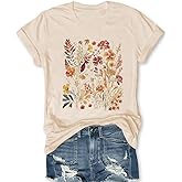 Women's Boho Flower T Shirt Vintage Flowers Printed Shirt Colorful Wildflower Graphic Tee Casual Botanical Short Sleeve