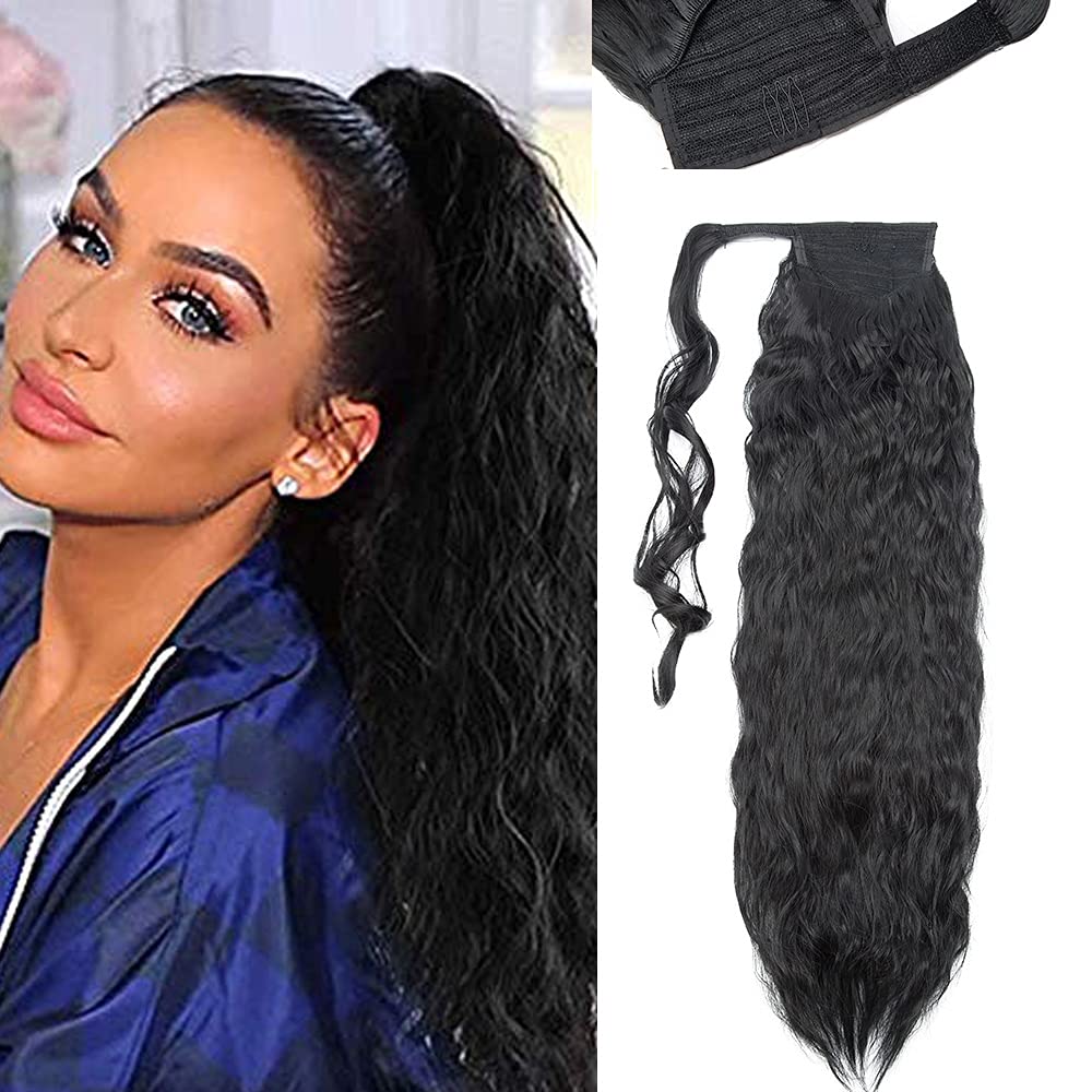 SEGO Corn Wave Magic Paste One Piece Curly Wrap Around Ponytail Hair Extension - Long Fluffy Synthetic Ponytail [26 Inch, 110g] - Dark Black