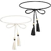 Bremorou Elegant Women's Rope Belt With Tassel White Rope Belt Macrame Belts For Women Braided Waist Tie Trendy Boho Thin Belts（White,Black）