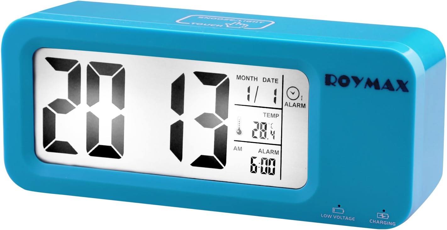 ROYMAX Morning Clock, Built-in Battery Operated Clock with Large Back-lit Numbers, Lasting for 3 Months on a Single 12 Hours Charge, USB Cable Included, 5 Day and 7 Day Alarm Setting (Blue)