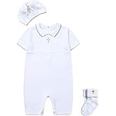 HAPIU Baby Boy Baptism Outfit with Hat and Socks,Christening Outfit-Cross Detail