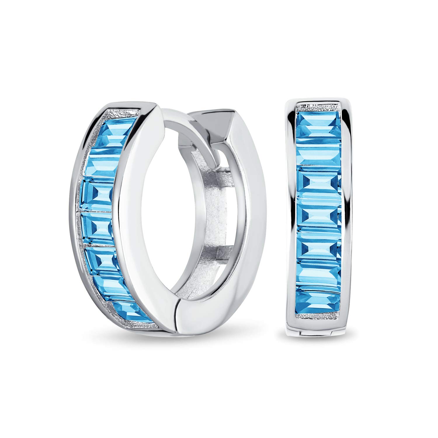 Bridal Classic Baguette Cut CZ Channel Set Kpop Huggie Hoop Earrings For Women Men Simulated Aquamarine Blue Cubic Zirconia .925 Sterling Silver