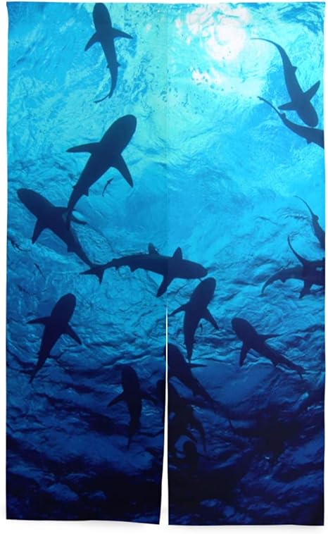 Amazon Sukau のれん ロング 暖簾 サメ イルカ柄 海 かわいい 洗濯可 突っ張り棒付き 幅86cm 丈143cm のれん オンライン通販