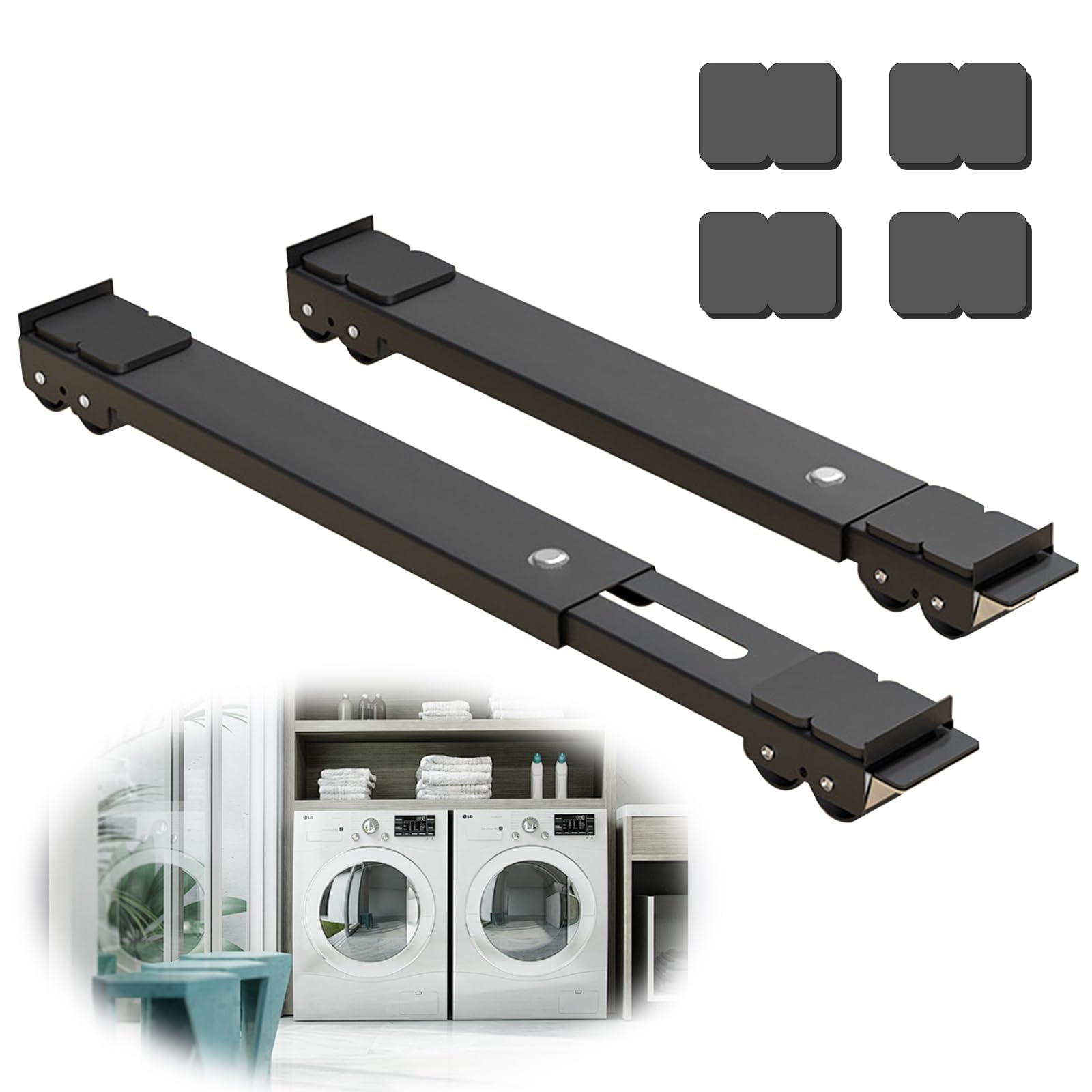 TUAKIMCE Heavy Duty Appliance Rollers, Adjustable Furniture Moving Roller Wheels with Brake, Washing Machine Wheels Load Bearing 660lbs for Refrigerators Sofa and Dryer