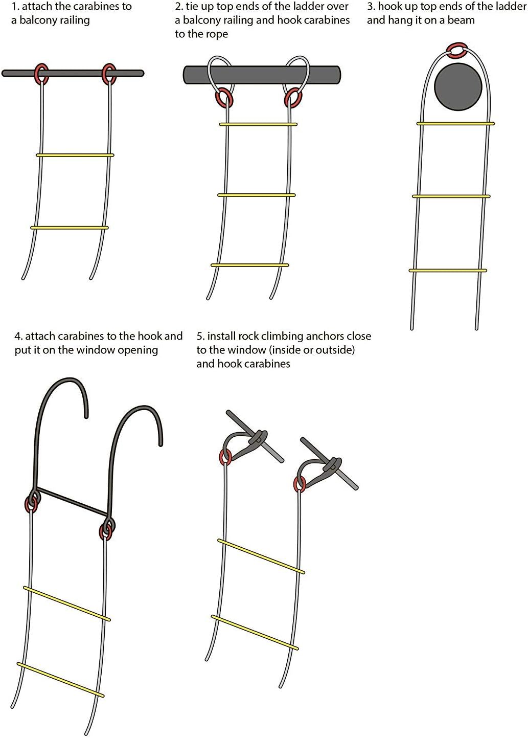Emergency Fire Escape Rope Ladder 2 Story Homes 16 Feet Flame Resistant Fire Safety Ladders with Carabines | Weight Capacity up to 2500 Pounds | Portable and Reusable - - 