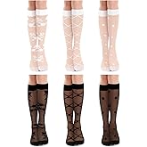 BOARDFEB 6 Pairs Women's Lace Socks Lace Knee High Socks Black White Fishnet Mesh Lace Hollow out Women Stockings