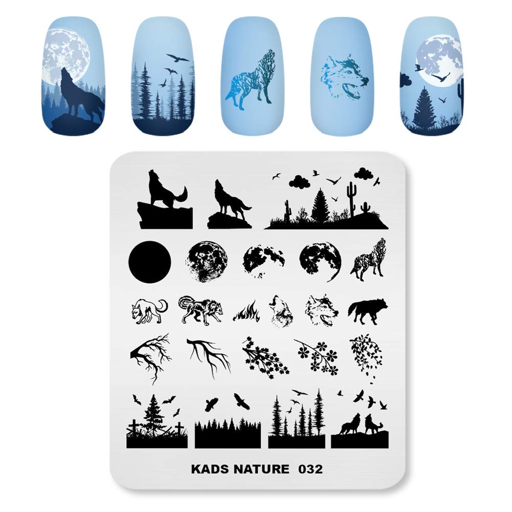 Alexnailart Nail Art Stamping Plates Picture Template with Natural Forest Wolf Moon Eagle Branch Pattern for Nail Design Manicure Print DIY Nail Design Nail Polish Transfer Tools