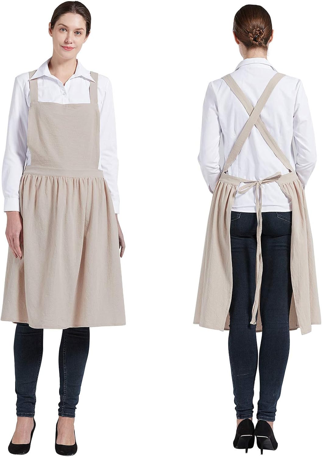 Nanxson Women Cotton Linen Bib Apron Cross Back Work Apron for Cooking, Baking, Crafting, Flower Arrangement CF3046: Clothing