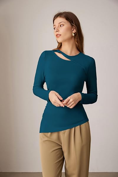 STYLISH WOMENS ROUND NECK CUTOUT PARTY TOPS TWIST FITTED LONG SLEEVE SHIRTS RUCHED SLIT ASYMMETRICAL HEM FALL TUNIC GREEN L