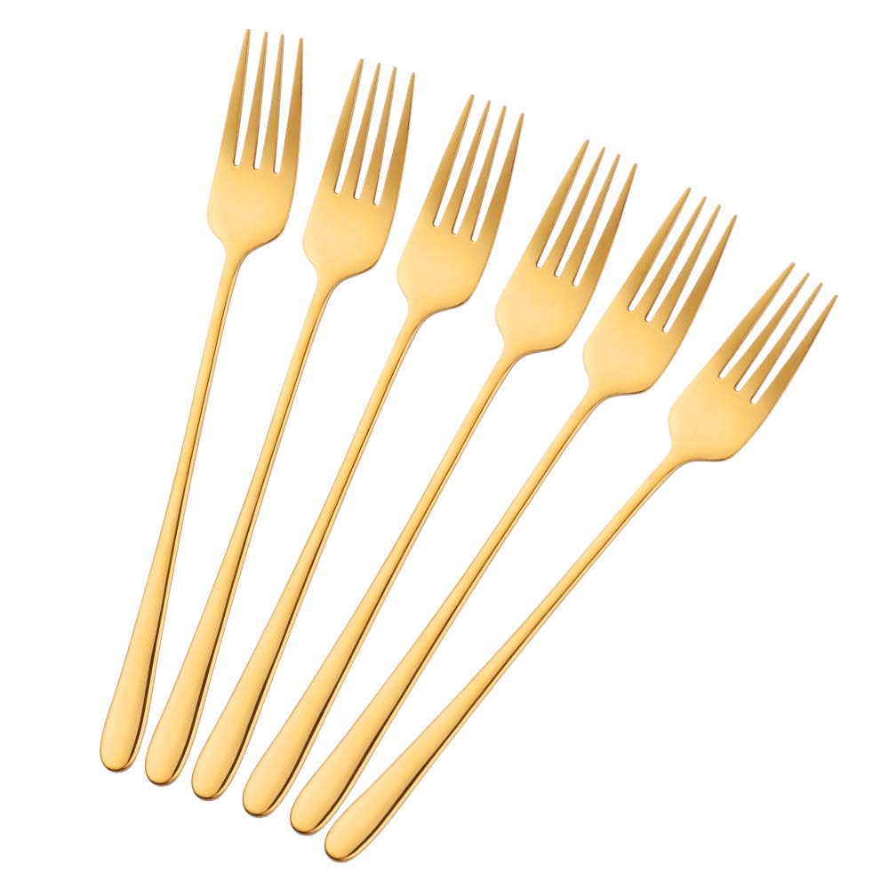 BISDARUN Stainless Steel Dinner Forks Pack of 6 Golden Table Forks Long Handle 21.3 cm(8.4 inches) Korean Forks set for Steak Meat