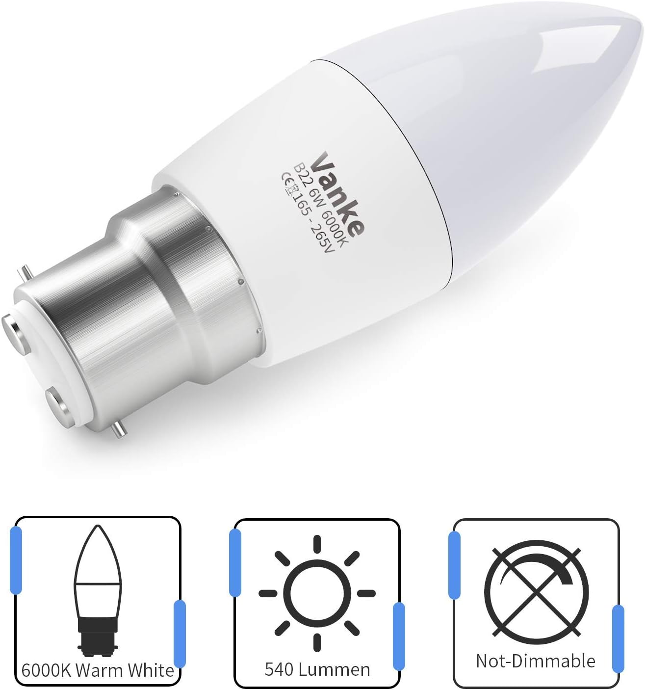 Vanke Bayonet Candle Light Bulb 40w Equivalent, B22 LED Bulbs Cool White 6000K, 6w Energy Saver Bulb, 470 Lumen, Non-Dimmable, 3-Pack - Image 3