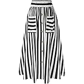 WDIRARA Women's Plus Size Striped High Waist Button Decor Flare A Line Maxi Skirt with Pockets