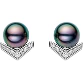 CHAULRI Lucky Chevron Top Grade AAA Genuine South Sea Tahitian Black Pearl Stud Earrings 18K White Gold Plated 925 Sterling Silver - Birthday Anniversary Jewelry Gifts for Women Wife Mom Daughter