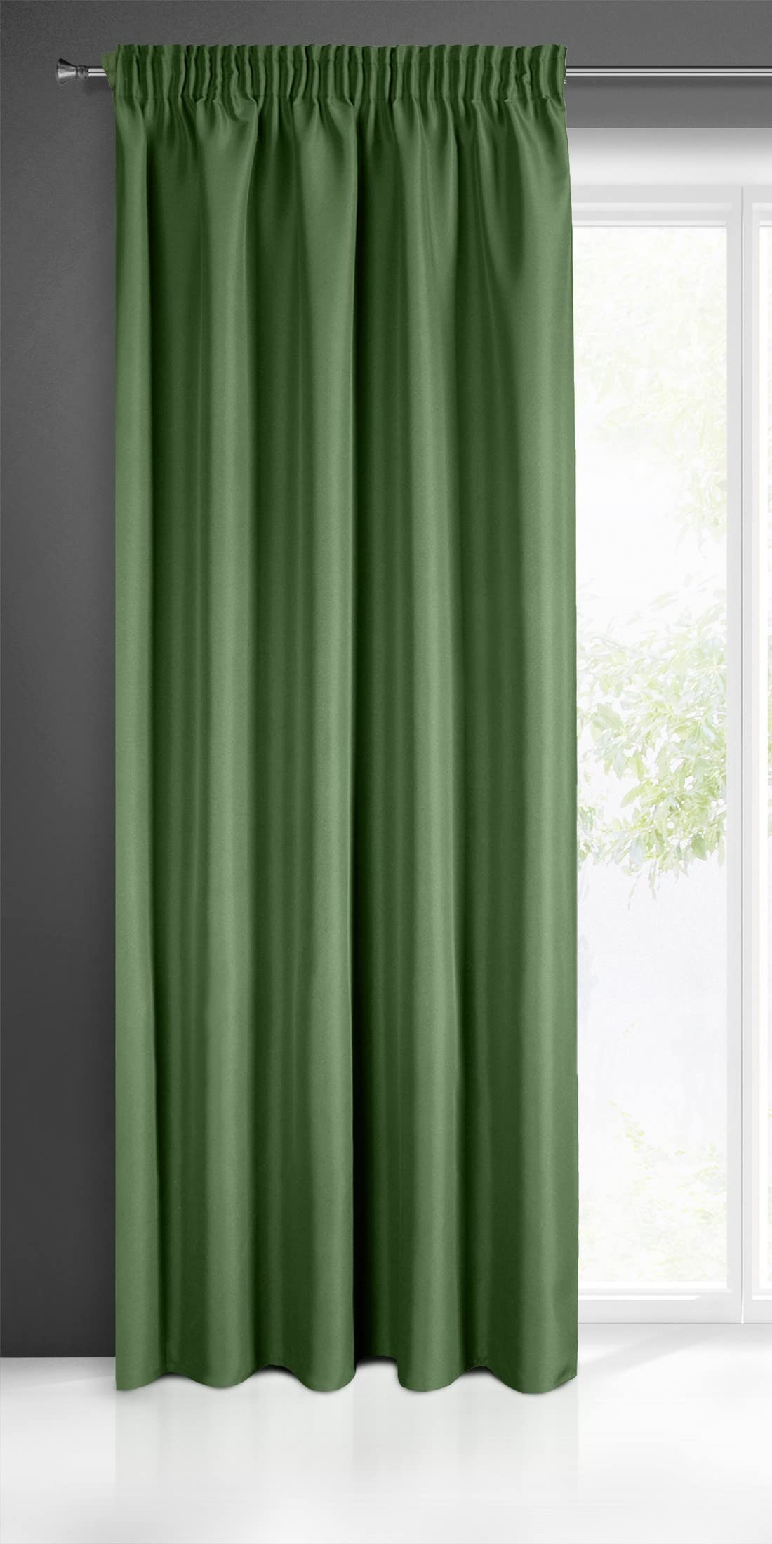 Eurofirany Smooth Plain Modern Curtain with Rufflette Tape for Rail-1 Unit, Bedroom, Living Room, Lounge, Kitchen, 140g m/2, Polyester, Dark Green, W55 x L106