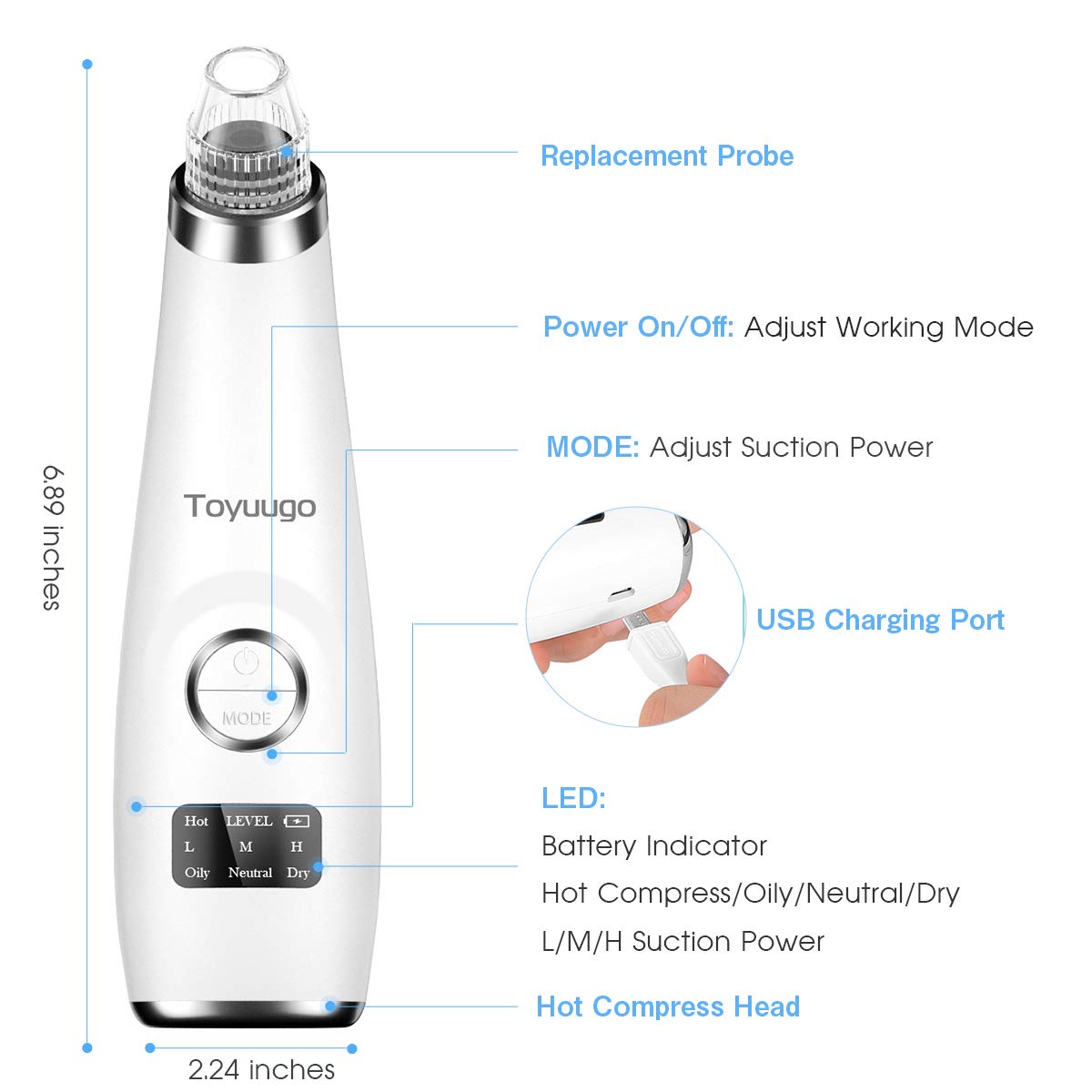 blackhead vacuum remover acne remover, toyuugo Facial Pore Cleanser Electric Acne Comedone, 3 Adjustable Suction Power, USB Rechargeable, LED Screen Blackhead Extractor Tool for Women and Men: Beauty