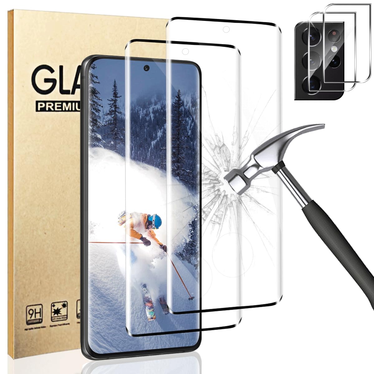 Photo 1 of (2+2 Pack) Galaxy S21 Ultra Screen Protector with Camera Lens Protector, Full Clarity Coverage, 9H Tempered Glass, Ultrasonic Fingerprint Support, Anti Bubble, for Samsung Galaxy S21 Ultra (6.8 Inch)