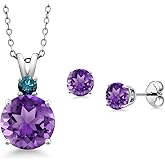 Gem Stone King 925 Sterling Silver Round Purple Amethyst and Blue Diamond Pendant and Earrings Jewelry Set For Women (4.45 Cttw, Gemstone Birthstone, with 18 Inch Chain)