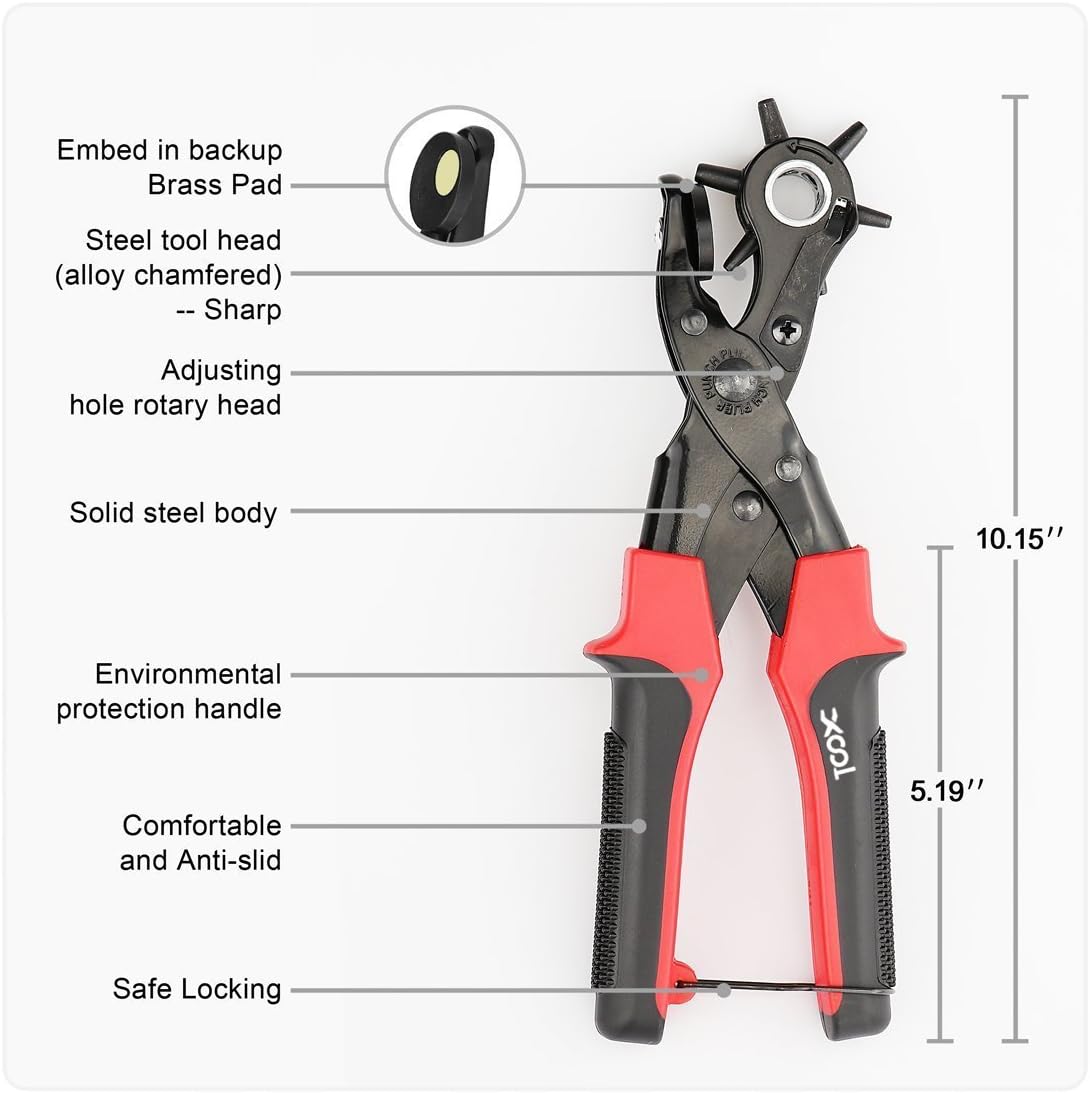 Revolving Punch Plier Kit, XOOL Leather Hole Punch Set for Belts, Watch Bands, Straps, Dog Collars, Saddles, Shoes, Fabric, DIY Home or Craft Projects, Heavy Duty Rotary Puncher, Multi Hole Sizes Make - - 