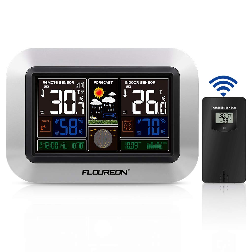 Weather Forecast Station,Digital Home Weather Station with Morning Noon and Night Precision Forecast, In/Outdoor Temperature and Humidity Gauge Calendar Weather Forecaster Snooze Alarm Clock -Sliver