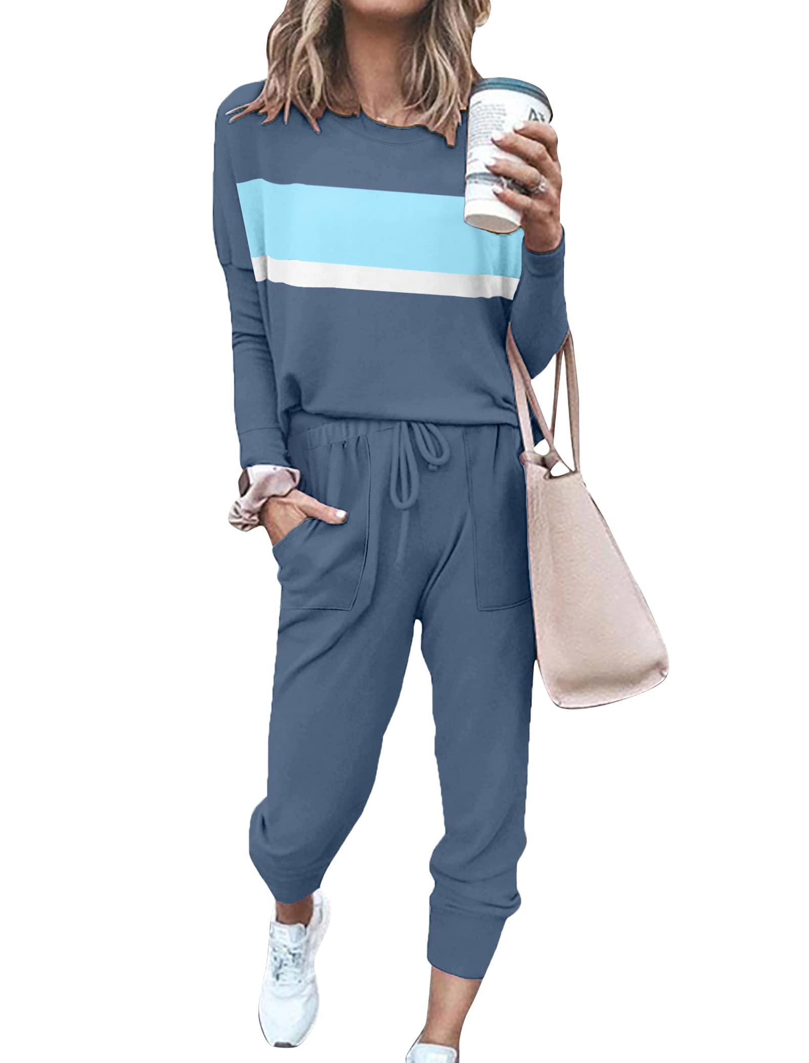 Photo 1 of Bofell Lounge Sets for Women 2 Piece Sweatsuits Sets for Women Fall Two Piece Outfits Travel Airport Outfits 2024 Winter Clothes Color Block Tracksuits 3XL
