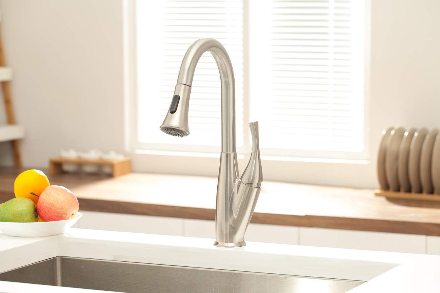 Pull Down Kitchen Faucet - Kichae Commercial Modern Streamline Single Handle Single Lever Stainless Steel Kitchen Sink Mixer Faucet with Pull Out Sprayer Head,Brushed Nickel