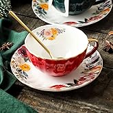 JOYOFUN Red Tea Cup and Saucer,Porcelain Coffee Cup Royal Ceramic Floral Lined Design Teacup with Gold Trim and Spoon,8 oz Vintage China Mug Cup for Latte,Cappuccino,Tea Sets Birthday Gift