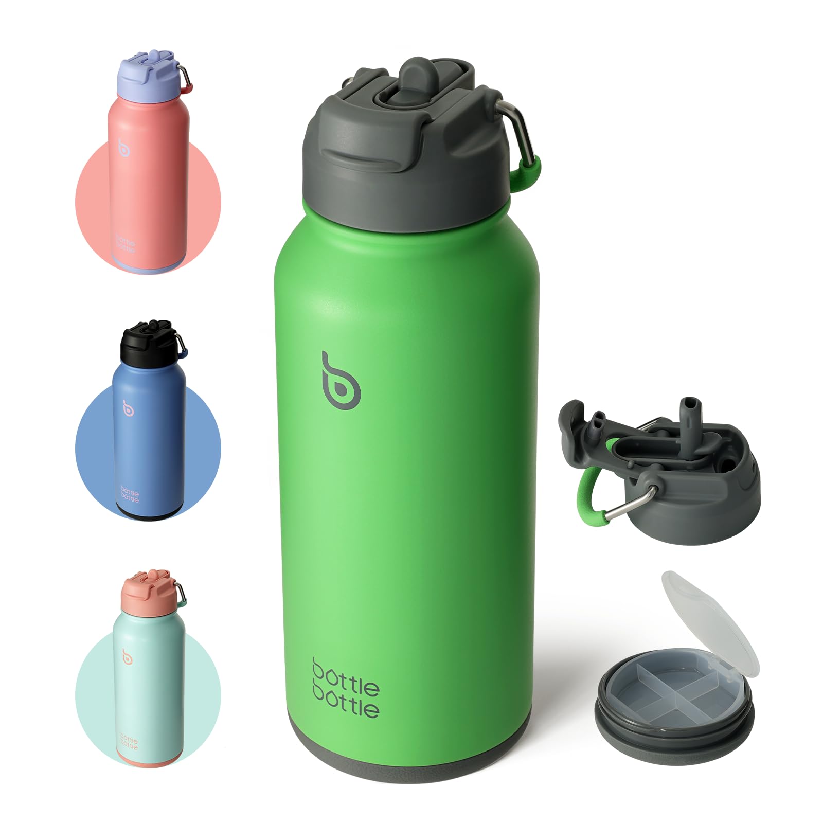 BOTTLE BOTTLE Insulated Water Bottle 950ml(32oz) Stainless Steel Sports Water Bottles with Straw Dual-use Lid Drink Flask Design for Gym with Pill Box (Summer Forest)