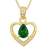 14K Gold Birthstone Heart Necklace for Women, Simple Yellow Gold Pear-cut Colored Gemstone Pendant Love Heart Jewelry Anniversary Birthday Gift for Mom, Wife, Sister, 18"