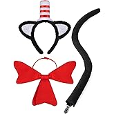 Dpucle Cat Costume Accessory Set with Cat Ears Headband, Red Bow Tie, Black Tail, Halloween Cosplay Party Dress Up Kit