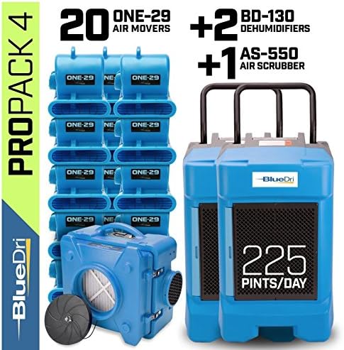 BlueDri Pro Pack 4 Water Damage Equipment 20x 1/3 HP One-29 Air Movers Carpet Dryer Blower Floor Fan 2X BD-130 Commercial Dehumidifier 1x AS-550 Air Scrubber HEPA Air Purifier, Blue