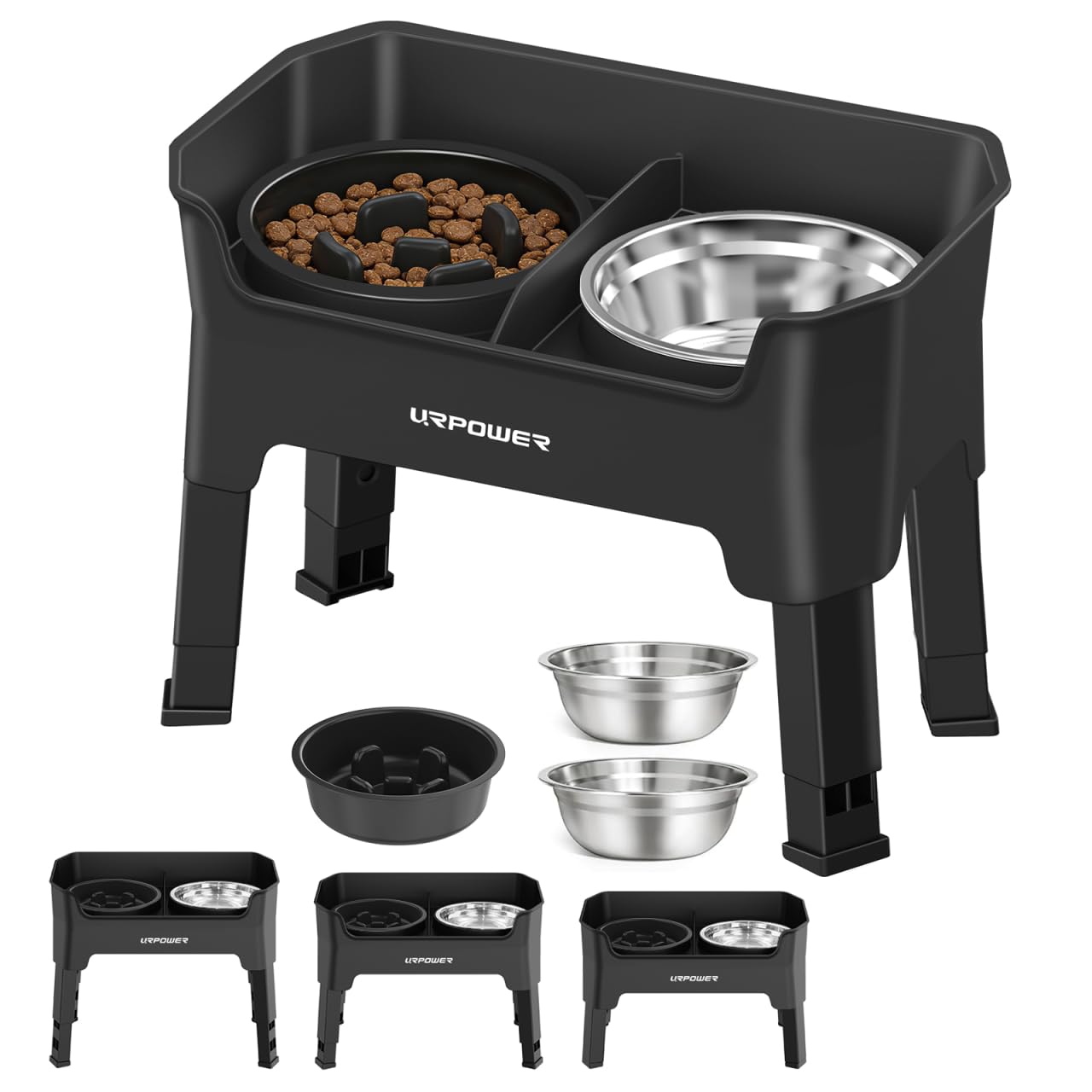 Photo 1 of URPOWER Mess Proof Slow Feeder Dog Bowls 4 Height Adjustable Elevated Bowl Stand with 2 Stainless Steel Dog Bowls and 1 Slow Feeder Non-Slip Food and Water Bowl Set for Small and Medium Dogs
