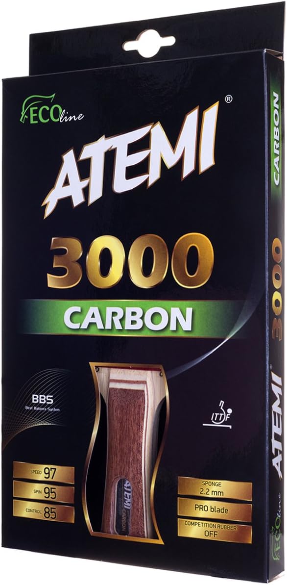 Atemi Pro Carbon 3000 Table Tennis Bat - Superior Control and Power - ITTF Approved Table Tennis Racket Made From Natural, Non-Dyed Exotic Woods - Ping Pong Paddle for All Levels of Players