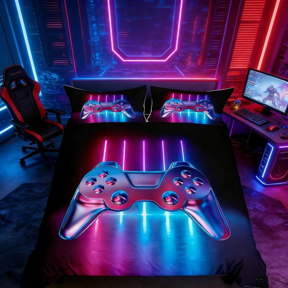 Loussiesd Gaming Bedding Set for Boys Youth Teens Super King Size Modern Gamer Comforter Cover,Video Game Duvet Cover Kids Girls, Novelty Gradient Action Buttons Decor Printed Bedspread Cover