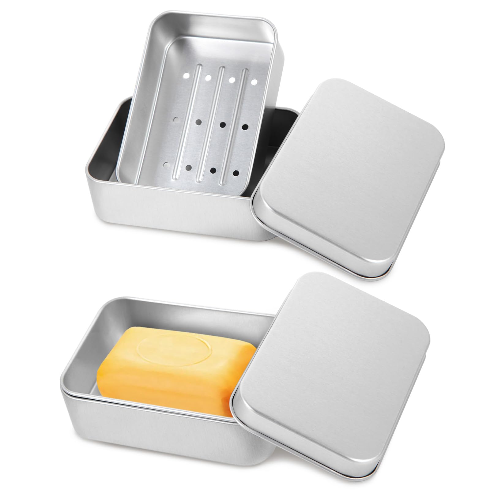 Travel Soap Container, Aluminum Soap Dish Holder,Leakproof Soap Box with Removable Draining and Lid, Portable Soap bar Case for Bathroom Traveling Camping Gym