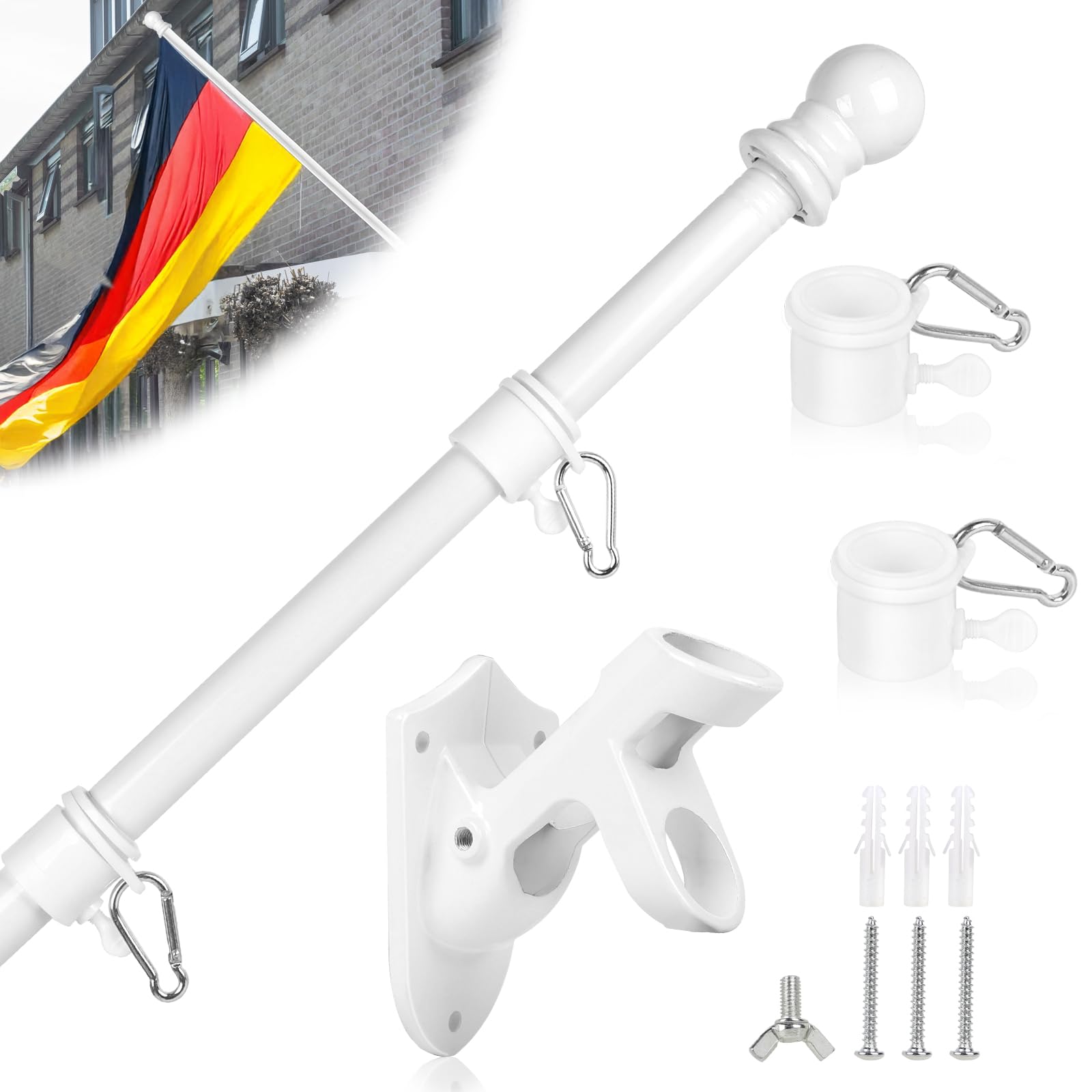 DBREAKS 1.5 m Flagpole with Bracket, Stainless Steel Flag Holder, Wall Mount Flag Pole, Flag Pole with Tangle, Flag Pole Accessories for Flag House and Garden (White)