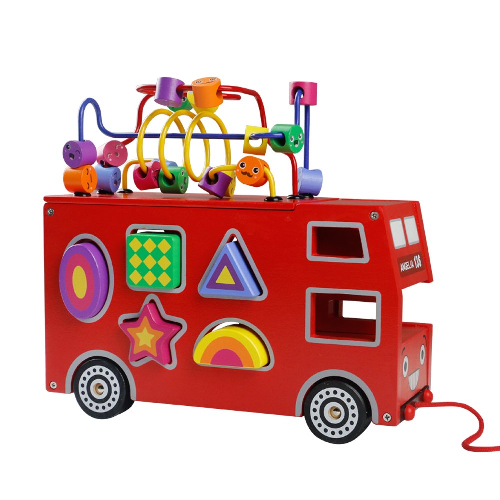 Akokie Roter Bus Spielzeug Modell, Bus Holz Form Sorter, Holzformen Geometrisch für Kinder im Alter von 3 4 5 6 , MEHRWEG