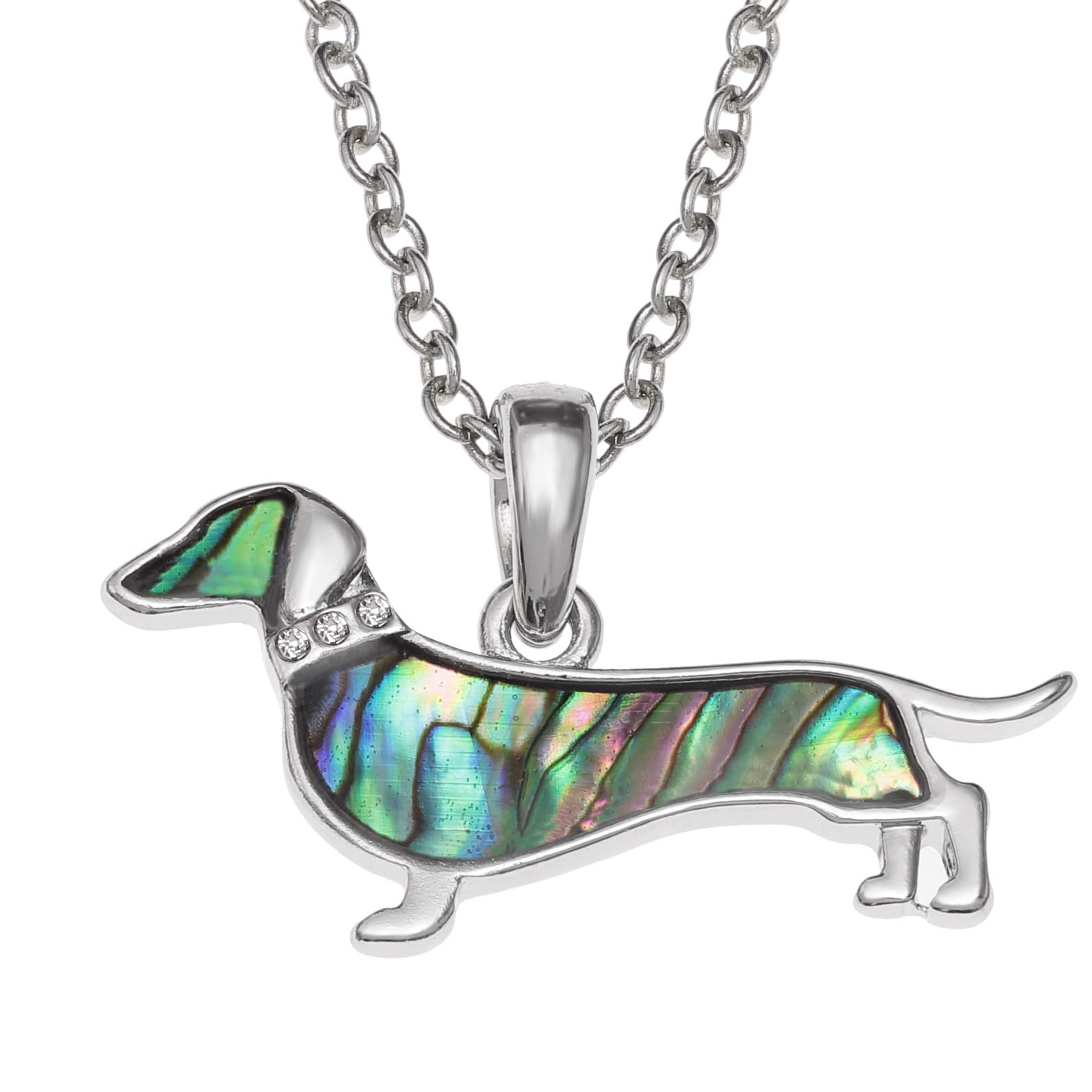 Kiara Jewellery Dachshund/Sausage Dog Pendant Necklace Inlaid With Greenish Paua Abalone Shell And Glass Stone Collar On 18" Trace Chain.