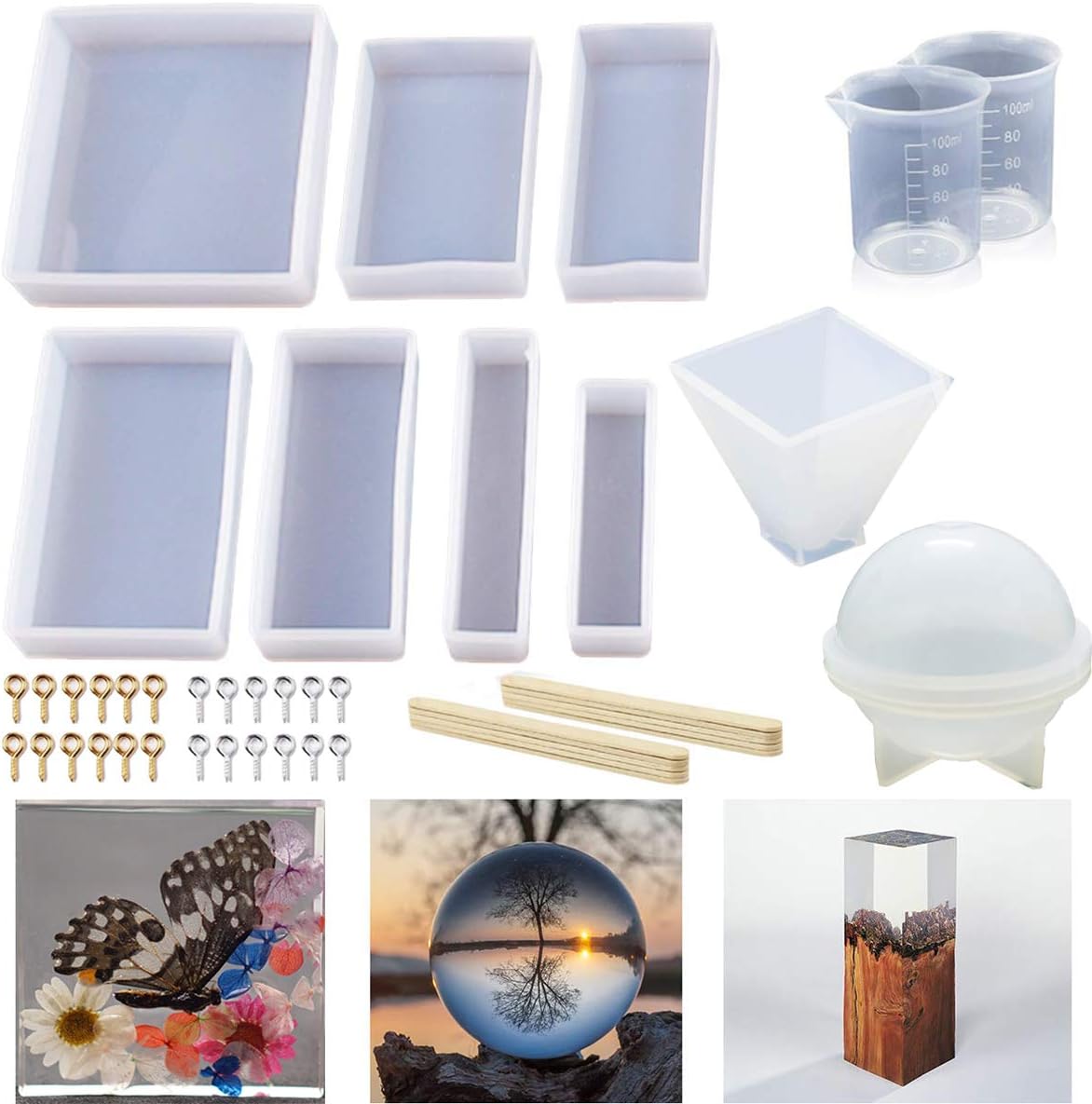 YAOYIN 9 Pack Resin Form Silikonform Gießform epoxidharz DIY Harz Casting Formen sphärische Pyramide Schmuck Formen Machen Mit Messbecher und Sticks und Screw Eye