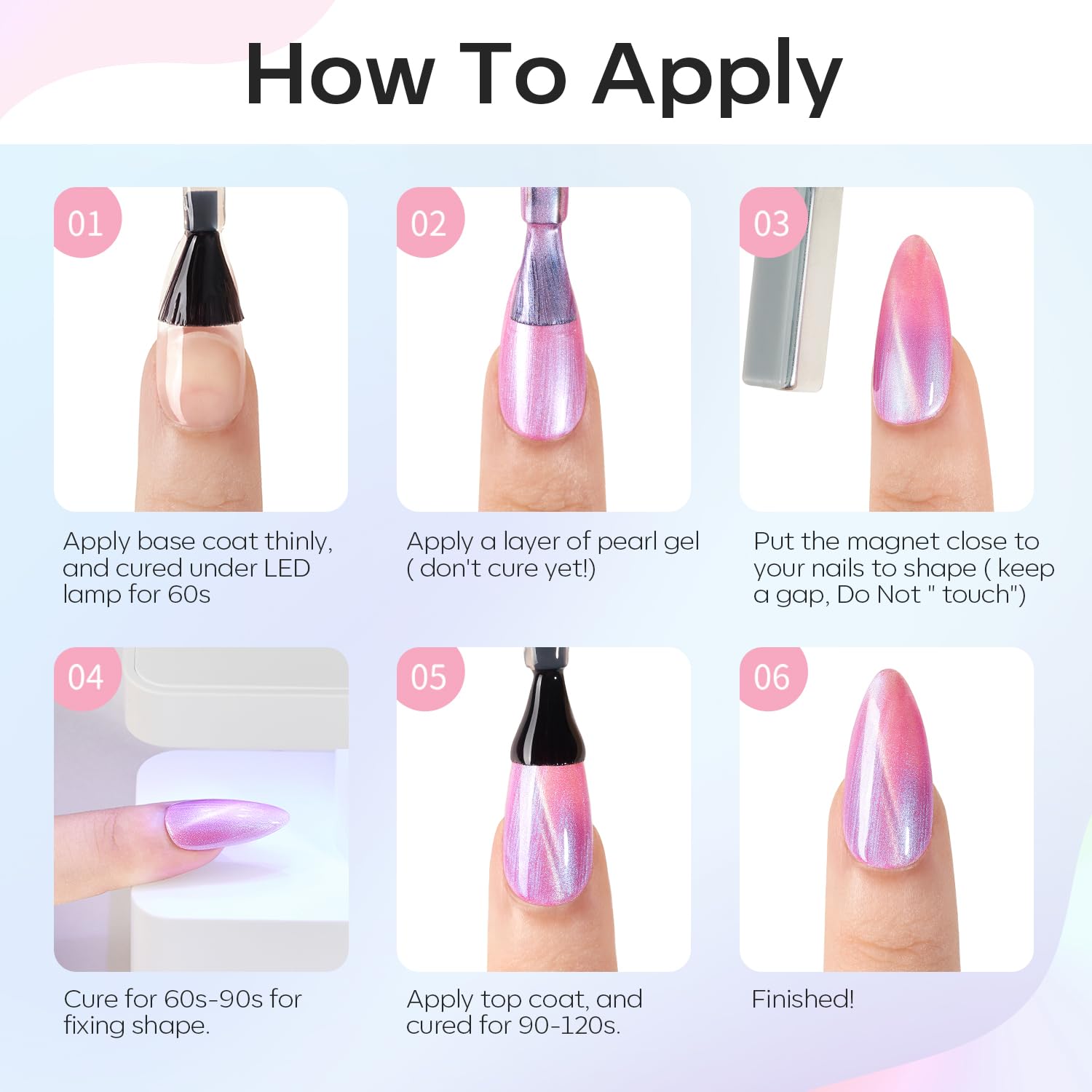 Modelones Pearl Gel Nail Polish, 6 Colors Shimmer Cat Eye Magnetic Nail Drawing Set with Magnet, Iridescent Mermaid Swirl Shell Thread Purple Pink Blue Glitter, Summer DIY Manicure Gift for Women Girl - Image 7