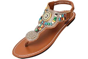 Womens Sandals Dressy Flat Bohemian Western T-Strap Thong Sandals Casual Summer Slip On Shoes