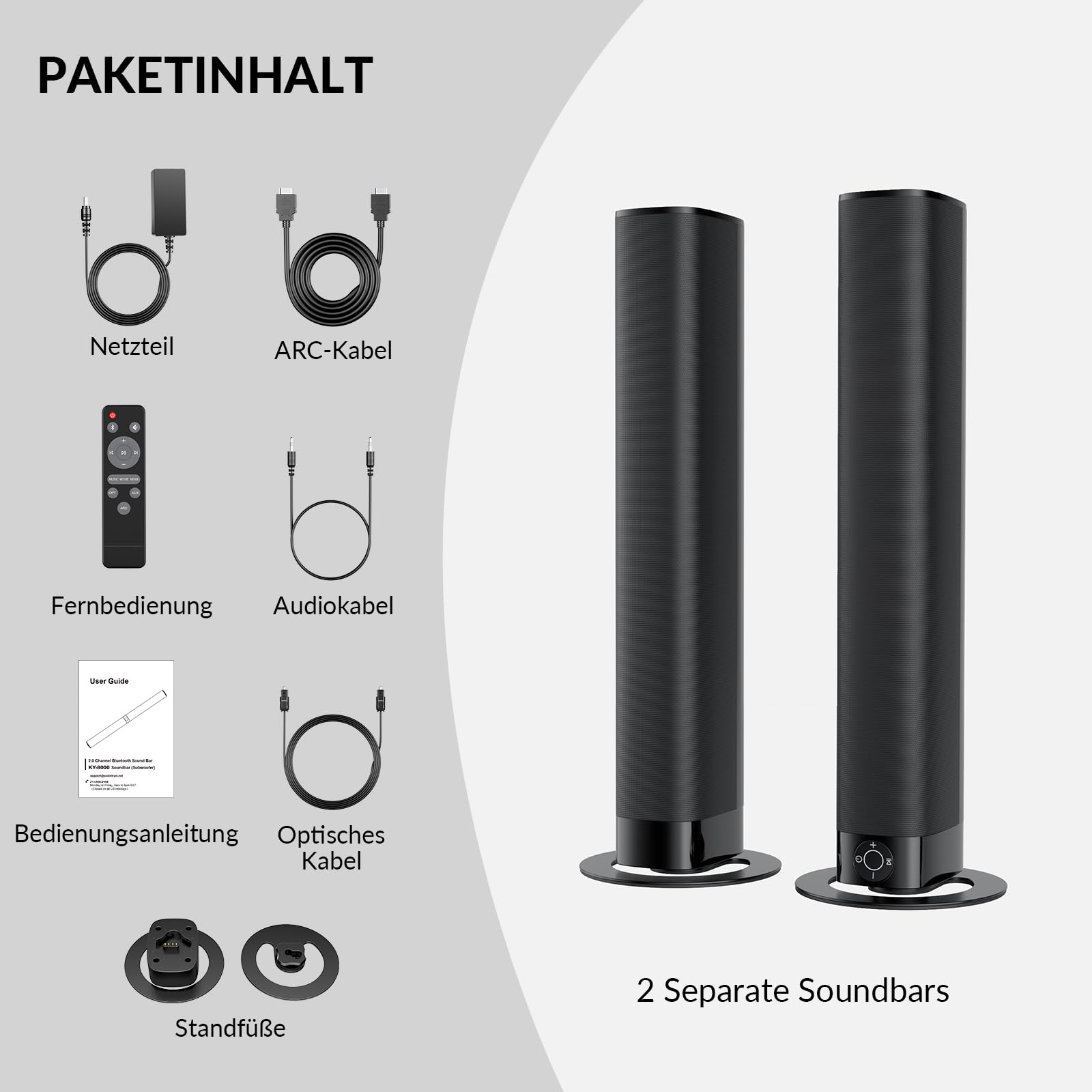 GarageRock Soundbar für TV Geräte, Teilbare 2-in-1 Set of TV Soundbar, Auto-Volume-Boost, 3 Sound Modi, Surround Soundsystem, Bluetooth 5.3, ARC/Opt/Aux, TV Lautsprecher für Fernseher, Monitor, 1pcs 7