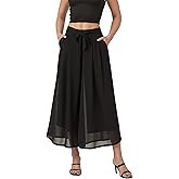 heipeiwa Women's Chiffon Wide Leg Palazzo Pants Summer Capris Crop Culotte Pants with Removable Belt Tie-Knot Beach Outfits