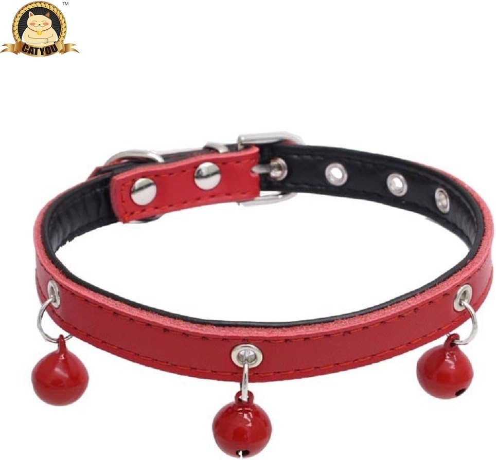 3 Colors CatYou Small Jingle Bell Leather Pet Collar for Cats Baby Puppies Dogs Adjustable 8.5