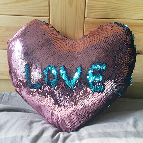 Elogoog Love Shape Double Color Reversible Sequins Mermaid Sofa Bed Pillow Case Zippered Square Decoration Cushion Covers (14 x 16 Inches, Love Series_A)