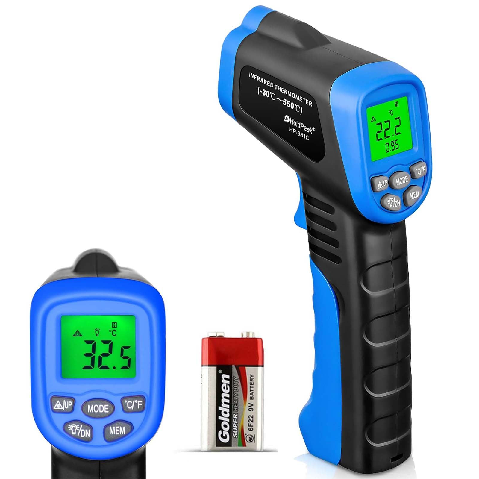 HoldPeak 981C Non-Contact Digital Infrared Thermometer Temperature Gun Instant-read (-50℃ to 550℃)/9V Battery Included/0.1-1.0 Adjustable Emissivity/Alarm Set