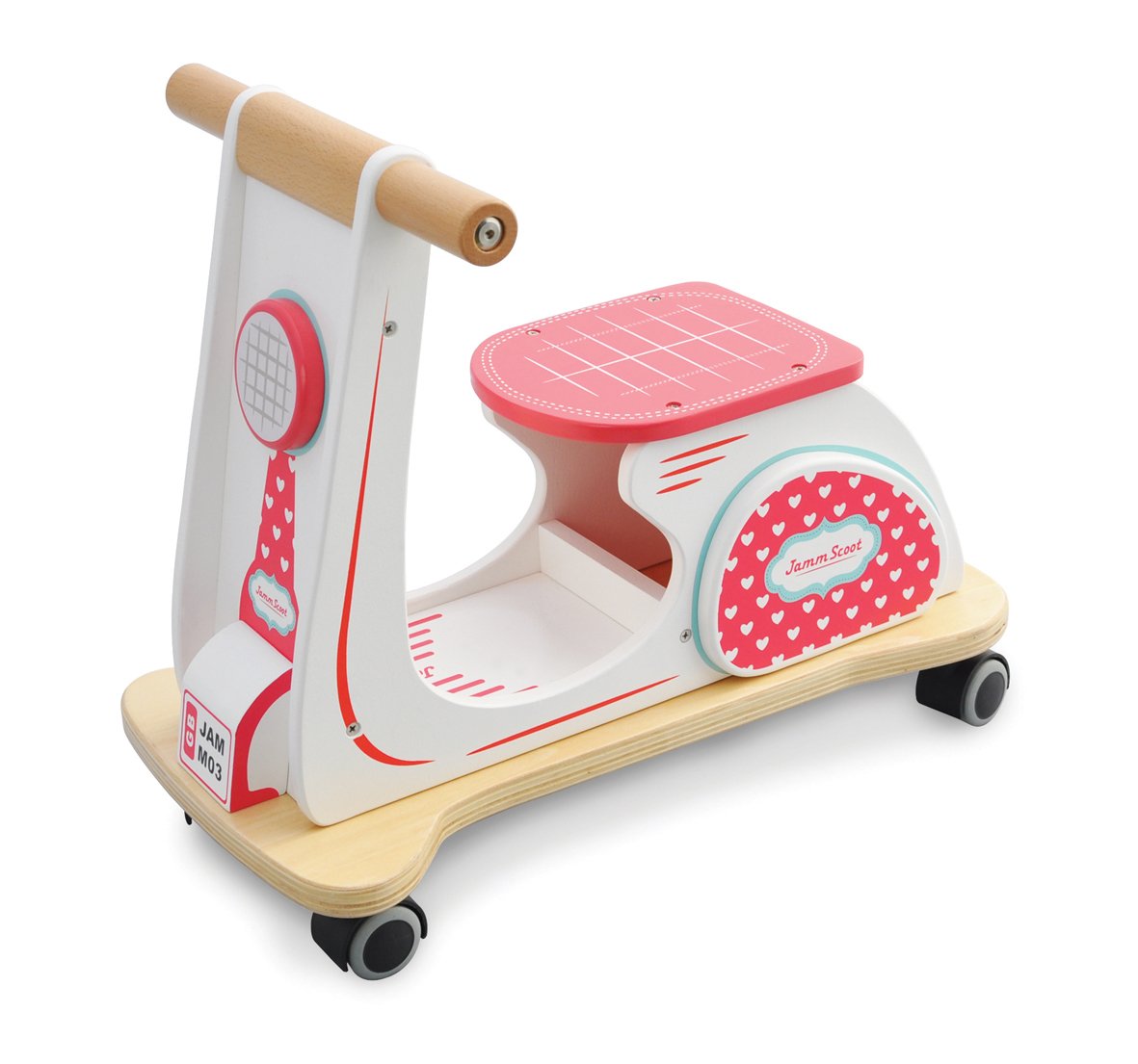 Indigo Jamm Wooden Jamm Scoot, Developmental Toy Ride-On Scooter Toy with Retro Classic Design for Children Aged 12 Months Plus – Hearts Racer