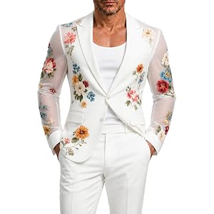 Antakodo Men’s Mesh Blazer Single Breasted Floral Print Slim Fit Formal Suit Jacket for Wedding Party